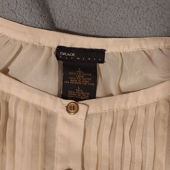 GRACE ELEMENTS Vintage Ivory Blouse Women L Roll up Long Sleeves Pleats - Picture 5 of 12